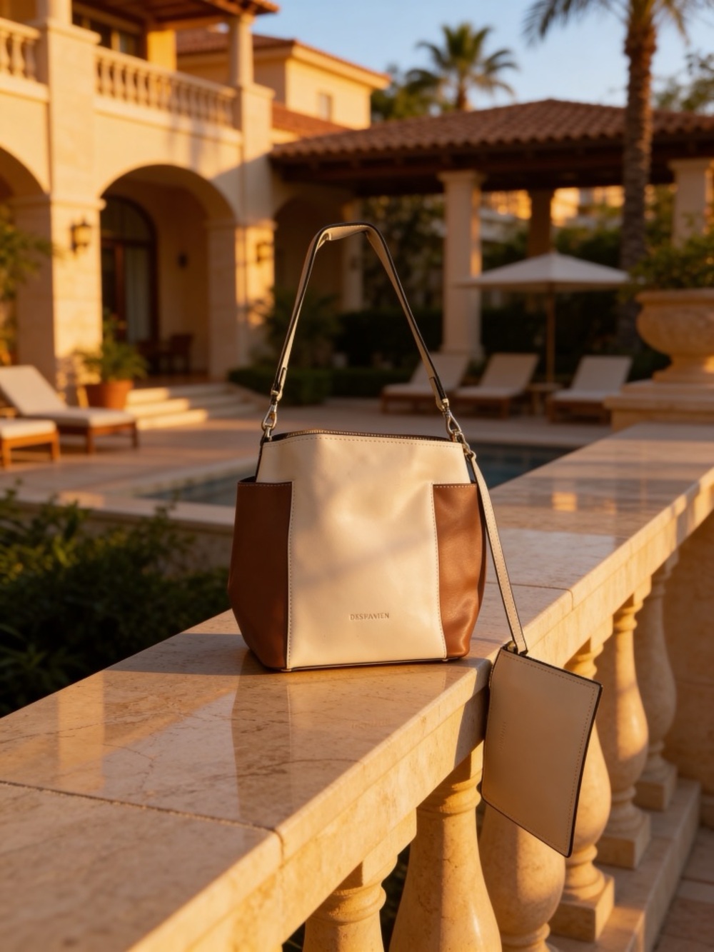 Two-Tone Cream and Brown Leather Shoulder Bag with Pouch